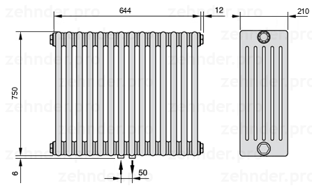 Схема (чертеж) Радиатор Zehnder Charleston 6075/14 №3470 Белый глянцевый RAL 9016